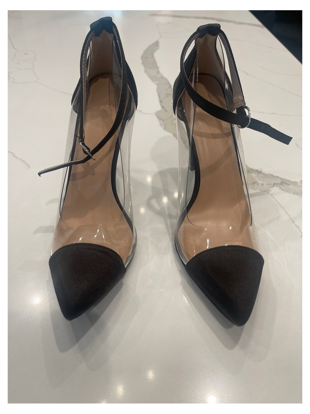 Black Clear Pointed Toe Ankle Strap Pumps